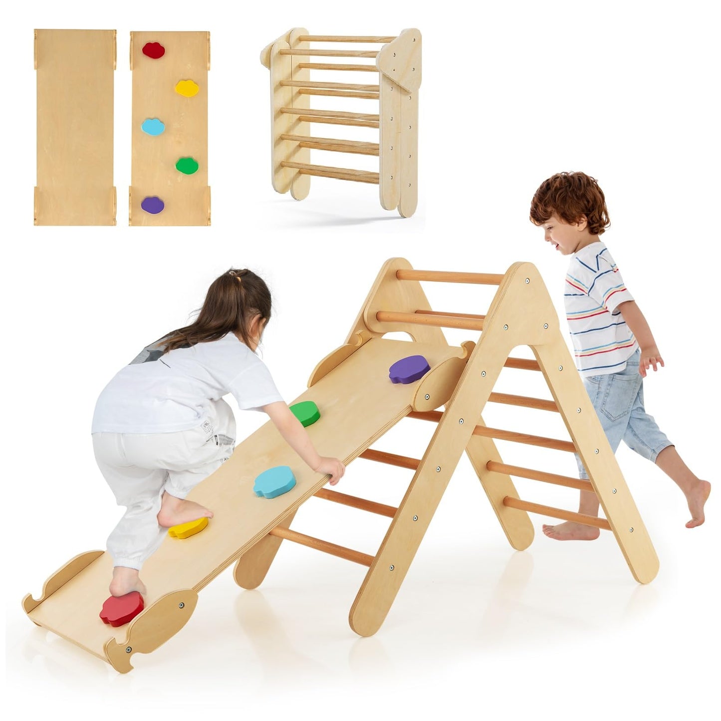 OLAKIDS Pikler Triangle Set 3 in 1 Climbing Toys for Toddlers Wood Montessori Baby Jungle Gym with Ramp Ladder Slide Kids Indoor Playground Activity Play Structure