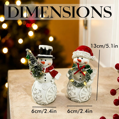LFLKPY Snowman Christmas Decorations Set of 2 with LED Lights, Resin Light Up Snowman Figurines with Tree & Wreath, Battery Operated Holiday Tabletop Decor for Xmas Home, Mantel, Shelf, Gift