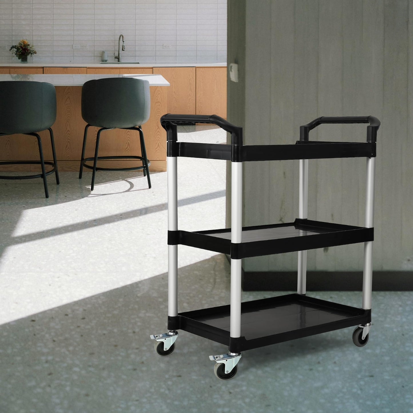 3-Tier Utility Rolling Cart with Wheels, Durable Catering carts with Wheels, Rolling Storage Cart for Hotel Canteen Resturant Office (Black, 31.4" D x 16.5" W x 37.7" H)