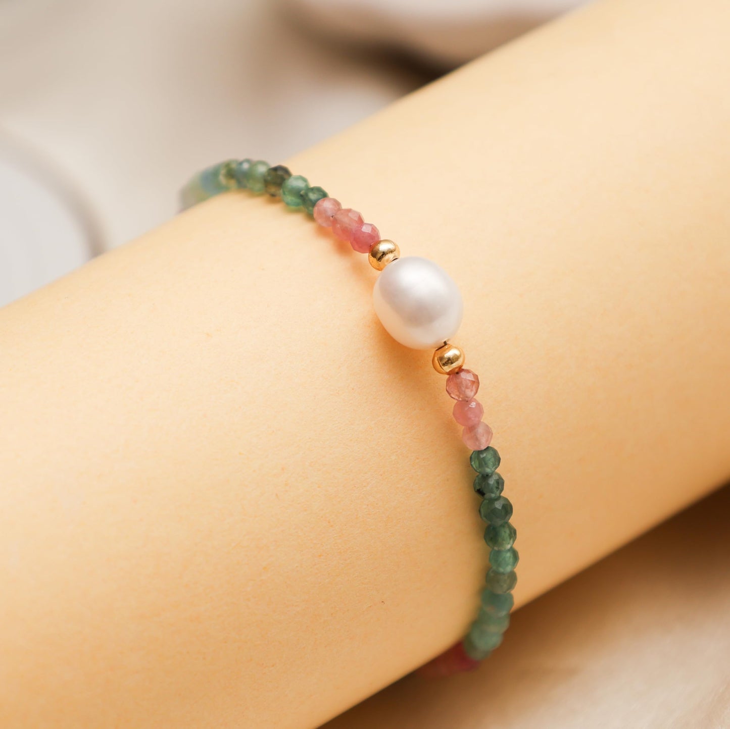 Gempires Watermelon Tourmaline Beaded Bracelet with Pearl Choker Crystal Jewelry Lightweight Colorful Gemstone Bracelets For Women Hypoallergenic 7.5 Inch Gold Plated Adjustable Chain