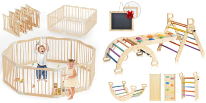 7-in-1 Foldable Wooden Toddler Climbing Toys, Foldable Wooden Playpen - Adjustable Wood Baby Play Yard with Child-Proof Lock