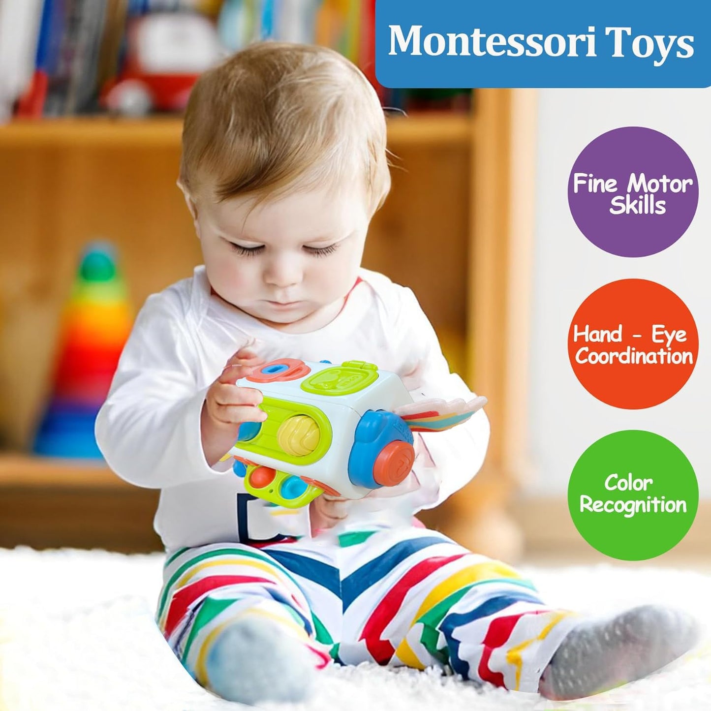 Busy Cube for Toddlers 1 Years Old, Montessori Toys for 1 Year Old - Ideal Gifts for 1 Year Old Boys Girls - Airplane Plane Car Travel Toys for 6 to 18 Months Toddlers Educational Learning Toys
