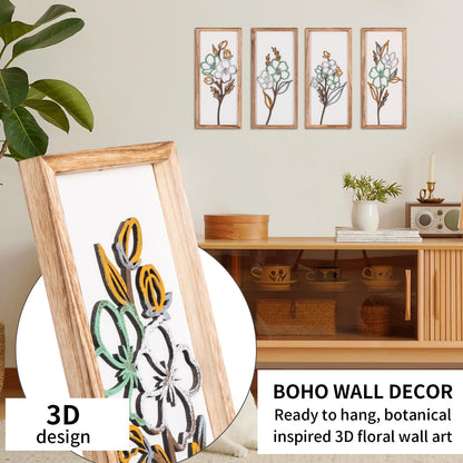 3D Wooden Framed Floral Wall Art 16 inch Ready-to-Hang Set Stylish Painting for Bathroom Living Room Kitchen Boho Botanical Farmhouse Decorations Gift Idea