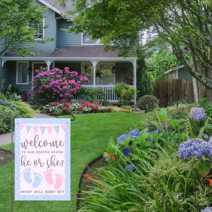He or She Garden Flag 12x18" Double Sided Pink and Blue Flag Gender Reveal Yard Flag Boy or Girl Baby Footprint Welcome Banner Pregnancy Announcement Baby Shower Decor Gender Reveal Party Supplies
