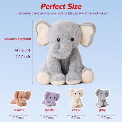 Vposyako 5 Pieces Elephant Stuffed Animals for Girls, 1 Mommy Elephant with 4 Babies Soft Plush Set Toys Gifts for Kids Children 3 4 5 6 7 8 9 Years, Christmas, Birthday, Children's Day