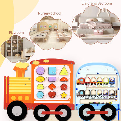 Joyreal Train Activity Wall Busy Board Panels - 8-in-1 Toddler Learning Activity Center - Wooden Montessori Sensory Toys for Playroom, Daycare, Classroom - Educational Toy for All-Round Development