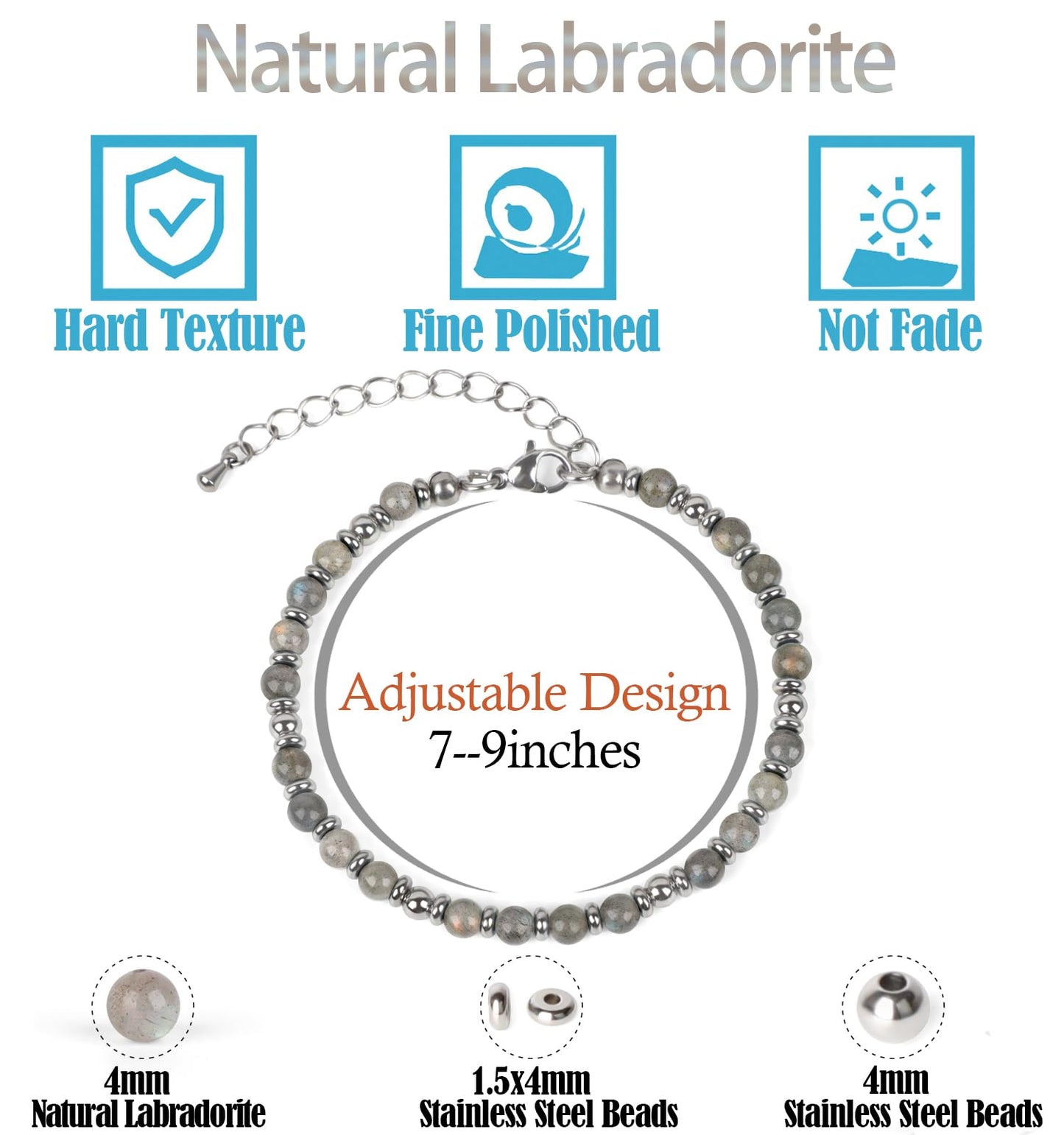 4mm Labradorite Tiny Beaded Bracelets For Women, Energy Gem Charm Jewelry Adjustable Bracelet Gifts for Mom, Daughter, Wife, Coworkers, Friends, Bestie