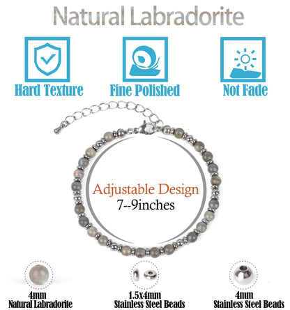 4mm Labradorite Tiny Beaded Bracelets For Women, Energy Gem Charm Jewelry Adjustable Bracelet Gifts for Mom, Daughter, Wife, Coworkers, Friends, Bestie