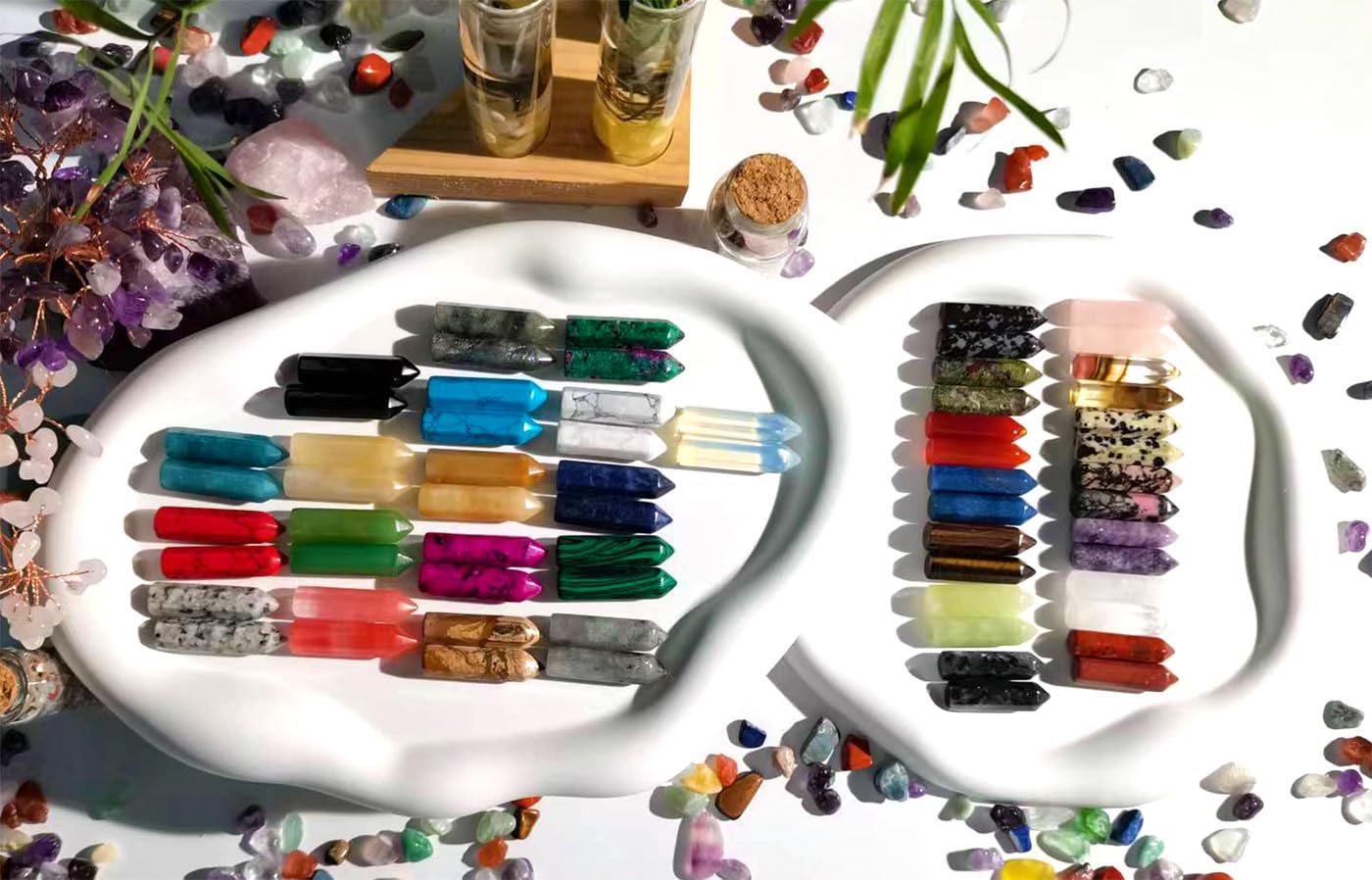QINJIEJIE 64PCS Crystals Wands Stones Set Bulk Crystal Points Rose Quartz Amethyst Tiger Eye Gemstones Hexagonal Polished Indoor Fountain Chakra Stone Decor for Garden Energy Balancing Witchcraft