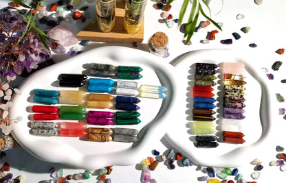 QINJIEJIE 64PCS Crystals Wands Stones Set Bulk Crystal Points Rose Quartz Amethyst Tiger Eye Gemstones Hexagonal Polished Indoor Fountain Chakra Stone Decor for Garden Energy Balancing Witchcraft