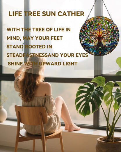 Stained Acrylic Window Handing-Life Tree Suncatcher for Window Doors,Home Decoration,Christmas,Thanksgiving Day,Mother's Day Birthday Gift for Women,Men,and Mom(7.8In)