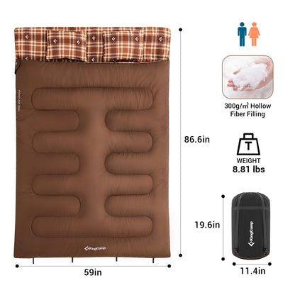 KingCamp Double Sleeping Bag for Adults, Queen Size 2 Person XXL Flannel Sleeping Bag, Waterproof Lightweight Flannel Quilt with 2 Pillows, Perfect for Couples Family Camping Hiking, Coffee