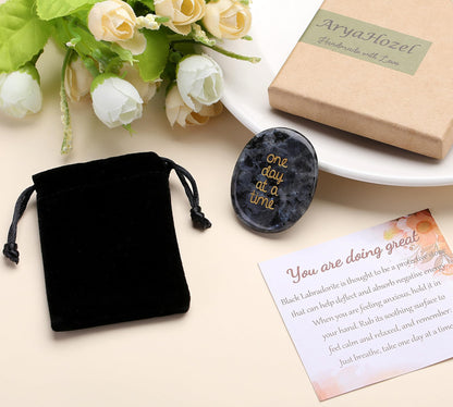 QINJIEJIE One Day at A Time Black Labradorite Worry Stone Healing Crystal Thumb Thinking of You Gifts for Anxiety Relief Items You Got This Inspirational for Friend Encouragement Gift for Women Men