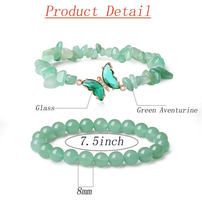 DUQGUHO 2Pcs Green Aventurine Bracelet for Women Butterfly Bracelet Gift for Women Healing Crystal Bracelet Natural Green Aventurine Jewelry 8mm Green Crystal Beaded Bracelet Gift for Birthday
