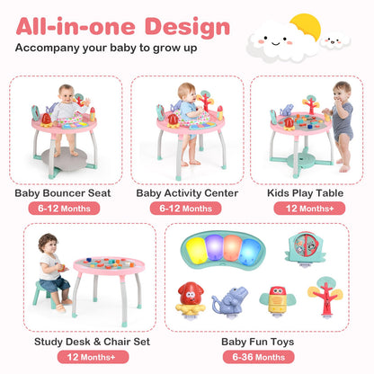 BABY JOY 5 in 1 Baby Activity Center, Baby Jumpers and Bouncers with Removable Toys, Lights & Music, 3 Adjustable Heights, Interactive Play Center for Toddlers Boys Girls 6-36 Months (Pink)