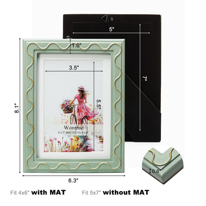 Wontree 5x7 Picture Frame, Shinning Gold Swirls Against Sage-like Green, Resin Frame with Real Glass, Display 5x7 Photos Matted to 4x6, Vertical and Horizontal Desk Tabletop or Wall Hanging