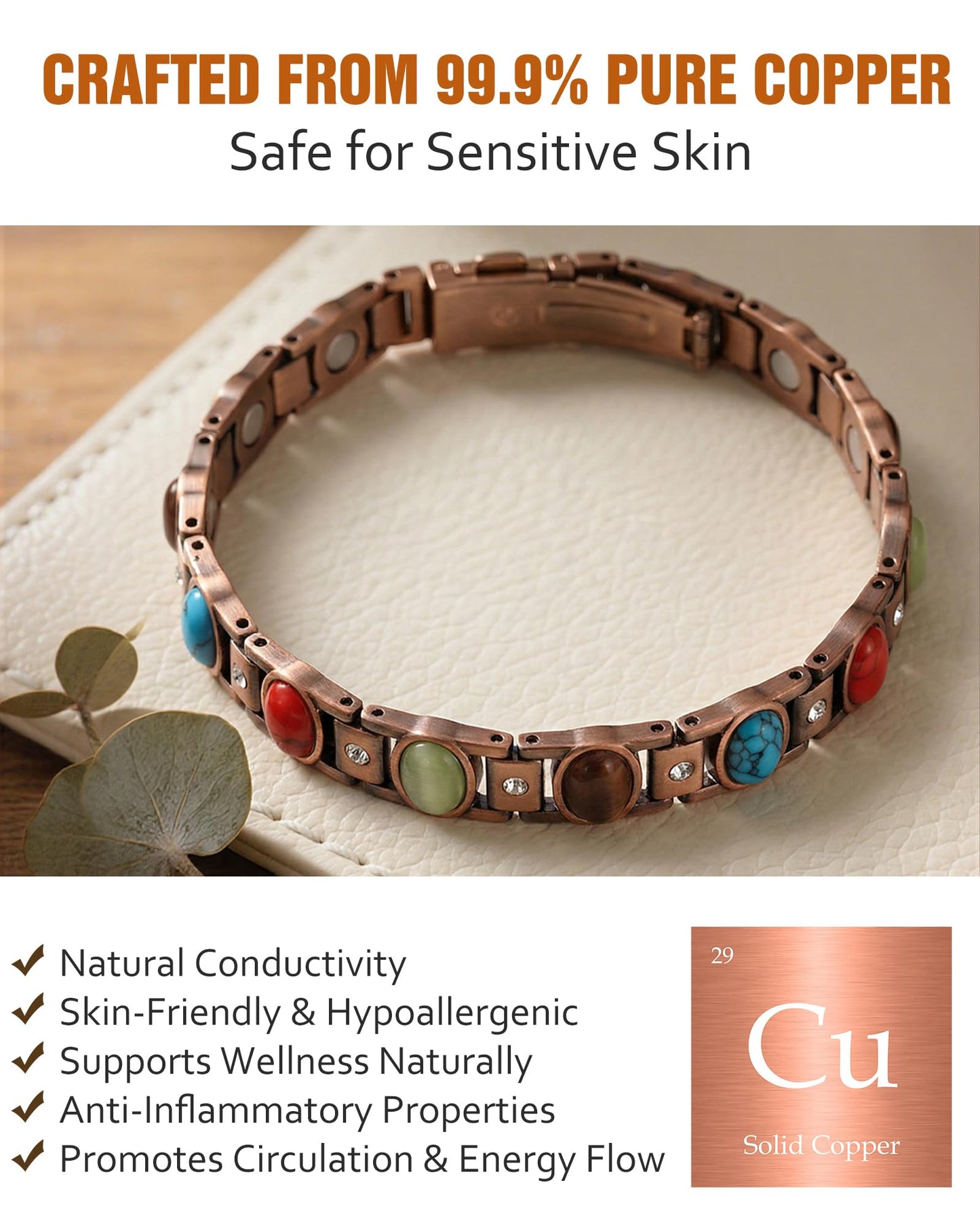 Jecanori Pure Copper Bracelets for Women, Ultra Strength Magnetic Bracelet with 3500 Gauss Magnets & Natural Turquoise Stones, Adjustable Jewelry Gift