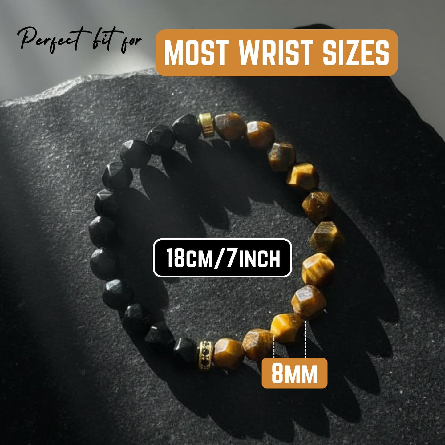 AKDNZ Triple Protection Bracelet for Men & Women - 8mm Tiger Eye, Black Obsidian & Onyx Beaded Bracelet for Grounded Protection, Natural Healing Crystal Bracelets for Confidence, Strength & Stability