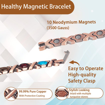 EnerCoppeX Copper Magnetic Bracelet for Women, Turquoise Detox Jewelry with 3500 Gauss Magnet (Type B)