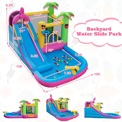 HONEY JOY Inflatable Water Slide, Giant Water Bounce House Park w/Climbing Wall & Splash Pool, Outdoor Blow up Water Slides Inflatables for Kids and Adults Backyard(with 735w Blower)