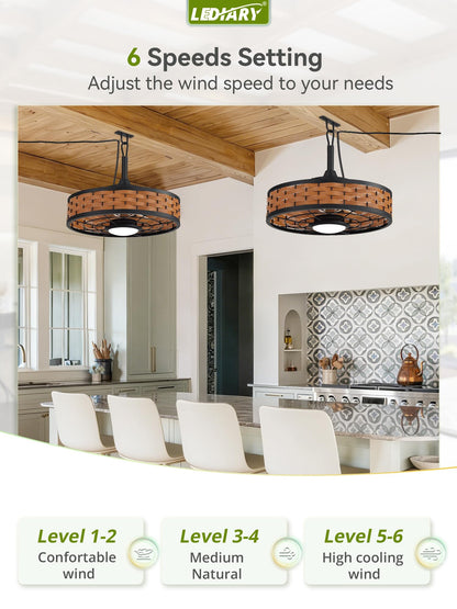 LEDIARY 20" Outdoor Ceiling Fans with Light for Patios, IP65 Waterproof Gazebo Fan, Boho Rattan Plug in Ceiling Fan Remote&APP Control, 3CCT Dimmable, 6-Speeds, Caged Fan for Gazebo,Patio,Porch