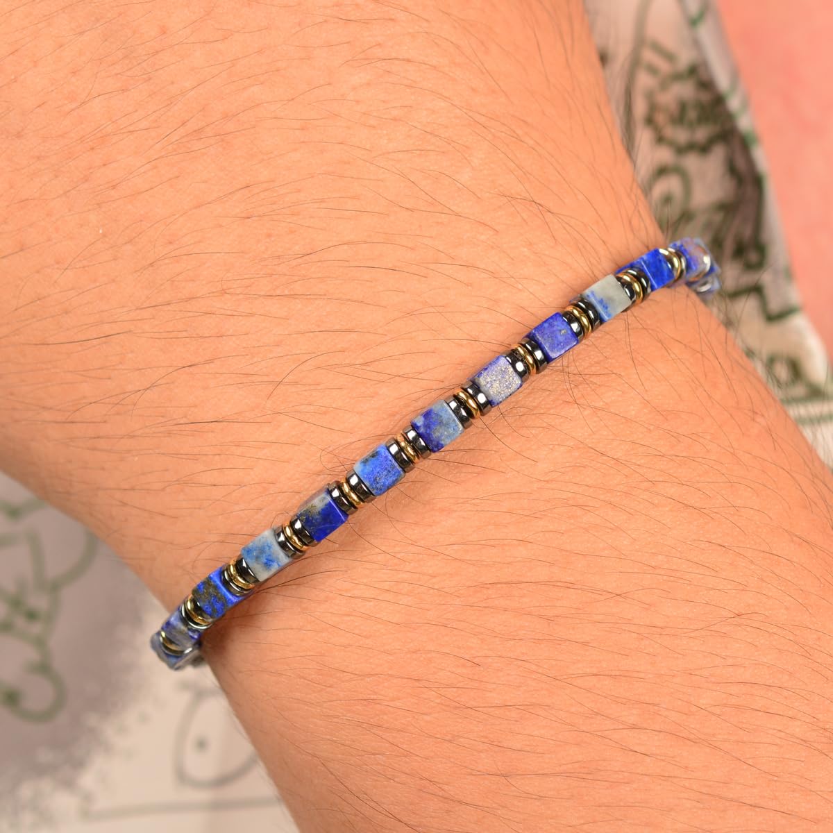 Casvia Handmade Lapis Lazuli Hematite Mens Bracelet, Stainless Steel Dual-Clasp, Adjustable 6.89-8.8 Inch, Spiritual Chakra Symbolism, Birthday Holiday Gift for Dad Husband Boyfriend
