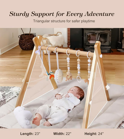 Wooden Play Gym with Beige Mat, Foldable Baby Play Gym, Infant Activity Mat with 6 Hanging Toys, Natural Pine Wood Frame Activity Center, Easy to Assemble & Clean, Newborn Present for Boys & Girls