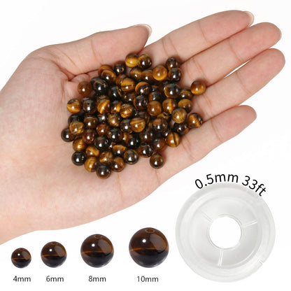 NITOPUPU 100Pcs 10mm Natural Smooth Yellow Tiger Eye Gemstone Beads Round Loose Stone Beads for Jewerly Making with Crystal Stretch Cord