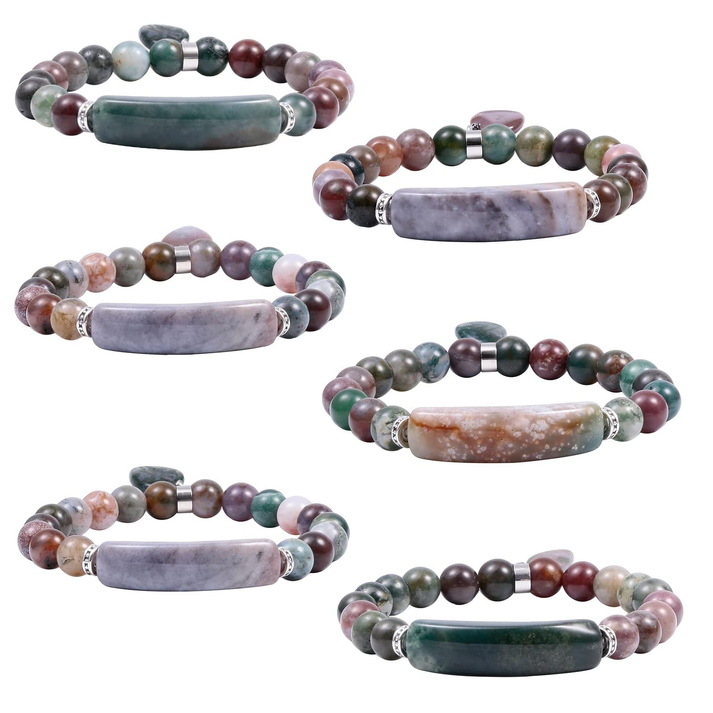 TUMBEELLUWA Healing Stone Bracelet 8mm Beads Chakra Crystal Energy Heart Charm Bracelet Handmade Jewelry for Women, Indian Agate