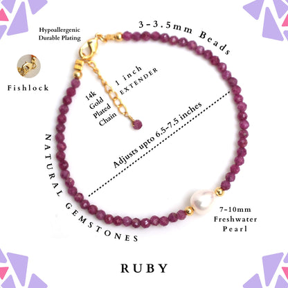 Gempires Pink Ruby Beaded Bracelets with Pearl Choker Crystal Jewelry July Birthstone Gifts 7.5 Inch Gold Plated Lightweight Gemstone Bracelets Gifts for All Occasions