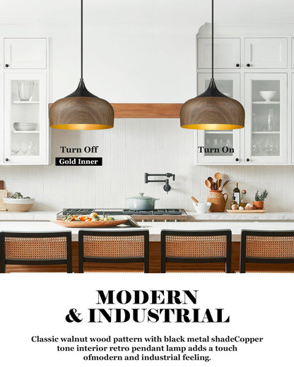 ELYONA Modern Pendant Light Walnut Wooden Pattern Dome Pendant Light Fixture Matte Black Metal Gold Inner Finish Adjustable Hanging Lighting for Kitchen Island Dining Room Office Hallway Foyer Bedroom