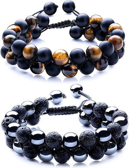 WFJ 2PCS Triple Protection Natural Stone Bracelets Set Mens Black Lava Rock Bracelet Tiger Eye Gemstone Bracelet Yoga Essential Oil Bracelet Charm Gift