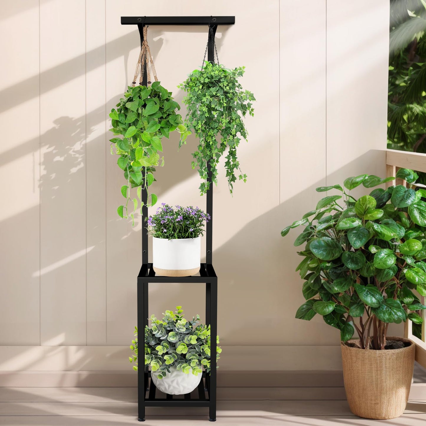 LLAXERGU Plant Stand Indoor Outdoor, 65" Tall Plant Stand Outdoor 3 Tiered Hanging Plant Shelf Heavy Duty Flower Stand Multiple Plant Metal Display Rack for Living Room Garden Balcony