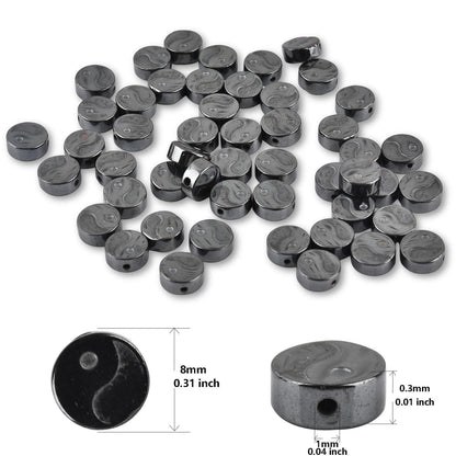 HAAMIIQII 50pcs 8mm Natural Black Hematite Loose Gemstone Beads Yin Yang Coin Shape Spacer Stone Beads for Jewelry Making DIY Bracelets Necklaces Crafting
