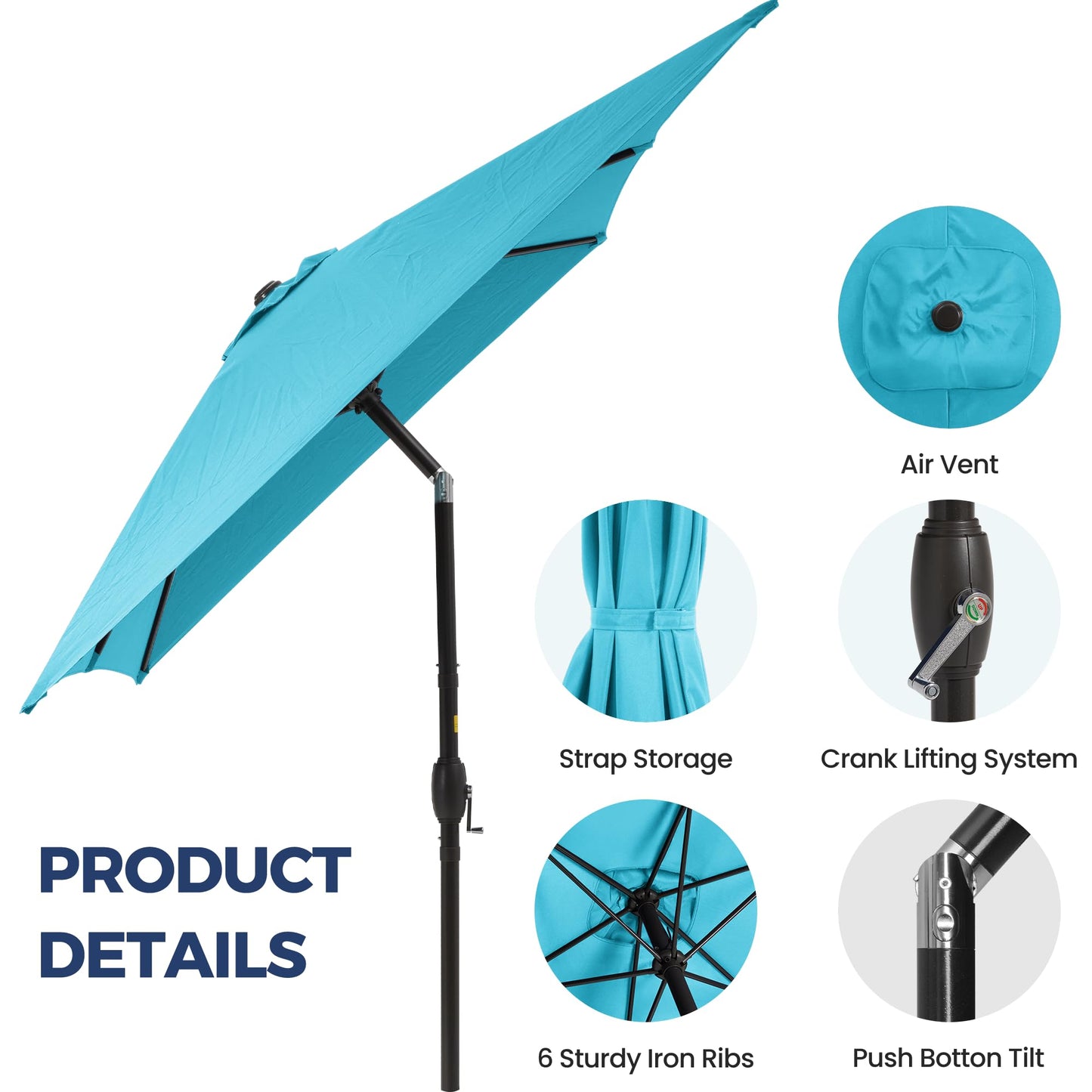 SUNVIVI OUTDOOR 6.5 x 10 Ft Rectangular Patio Umbrella Metal Pole, Outdoor Table Market Umbrella with Crank, 6 Steel Ribs, Polyester Canopy, Turquoise