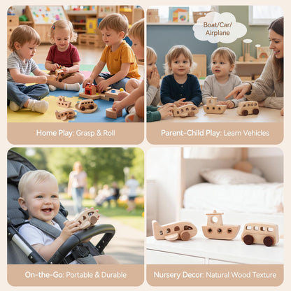 Wooden Toy Car Set for Babies & Toddlers, Montessori Wooden Vehicles with Bus, Airplane & Boat Plus Baby Push Cars, Educational Grasping Toys, Birthday