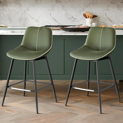 VASAGLE Bar Stools Set of 2, Counter Height Bar Stools with Back, Ergonomic Backrest, Synthetic Leather, Metal Legs, 24.8-Inch Tall Barstools for Kitchen Island Home Bar, Easy Assembly, Forest Green