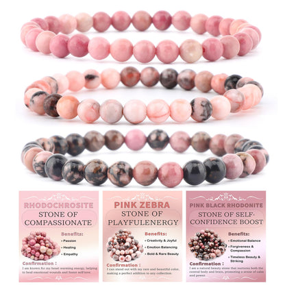 NCB 3-Piece 6mm Natural Crystal Gemstone Stretch Bracelets – ﻿Rhodochrosite, Pink Zebra, Pink Black Rhodonite Handmade Reiki Energy Healing Jewelry for Meditation,Yoga, Unisex