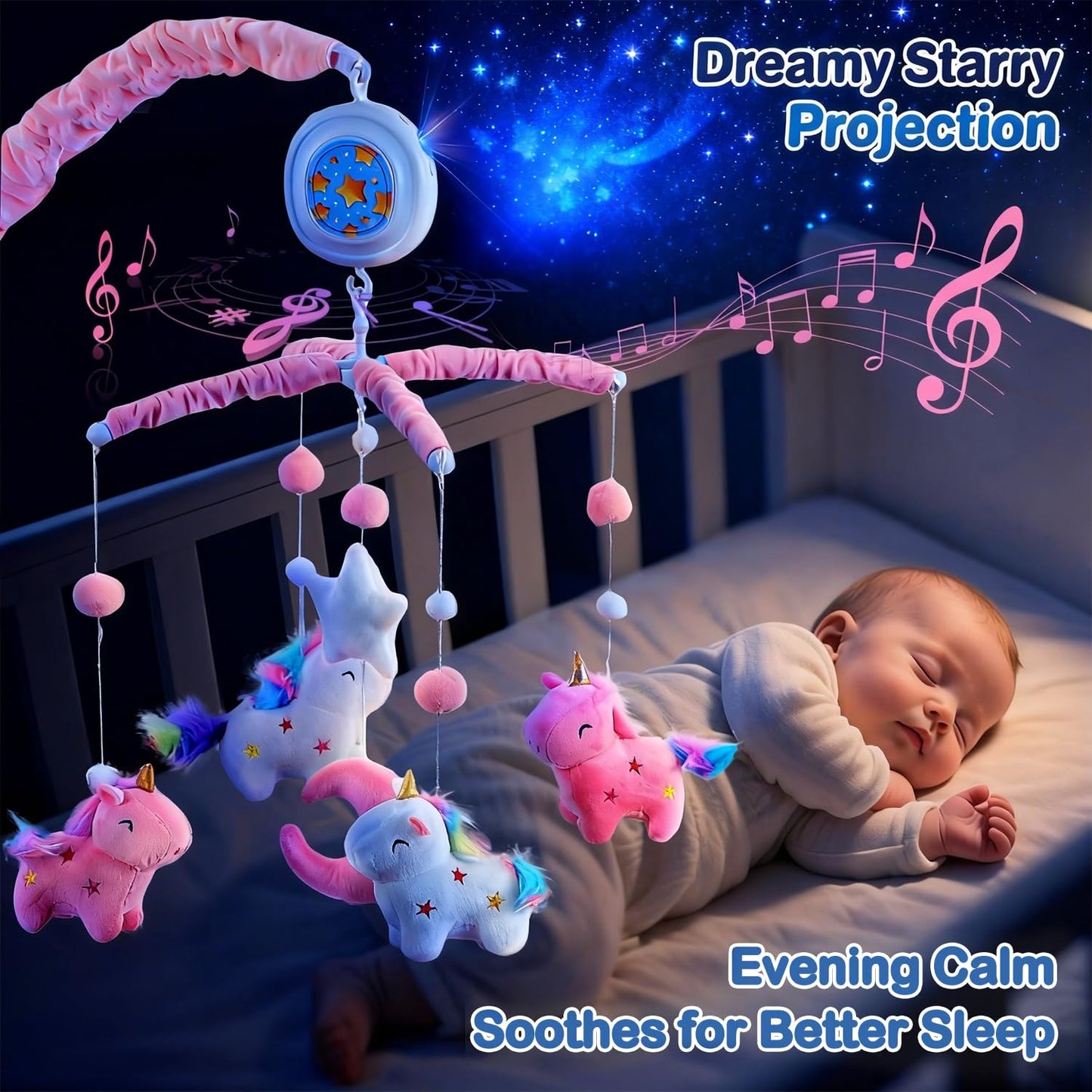 Unicorn Baby Crib Mobile for Girls with Music Box (100+ Lullabies), Rotating Plush Crib Toys for Newborns, Infant, Baby Shower Gift