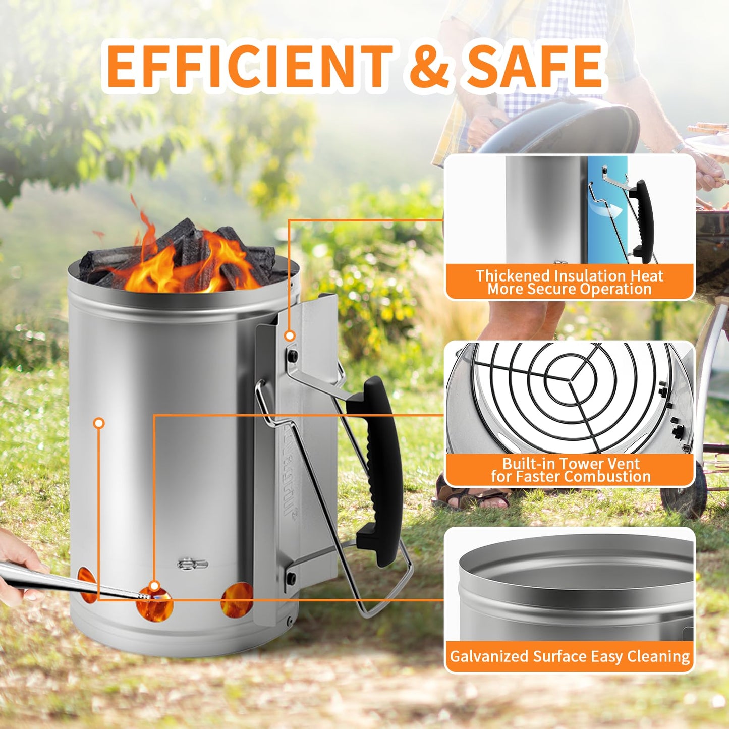 Joyagrill 7.5X12inch XL Charcoal Chimney Starter with Electroplated Handle, Durable Fire Starter with Large Capacity Rapidfire Chimney Starter, Tilted Handle Design for Safe