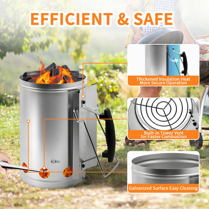 Joyagrill 7.5X12inch XL Charcoal Chimney Starter with Electroplated Handle, Durable Fire Starter with Large Capacity Rapidfire Chimney Starter, Tilted Handle Design for Safe