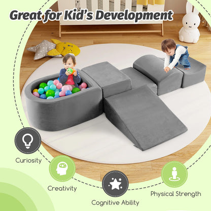 Costzon Toddler Climbing Toys Indoor, 5 Pieces Foam Climb and Crawl Playset w/Kids Ball Pit & Detachable Machine-Washable Covers for Playroom Children Room, Soft Play Climbing for Toddlers (Gray)