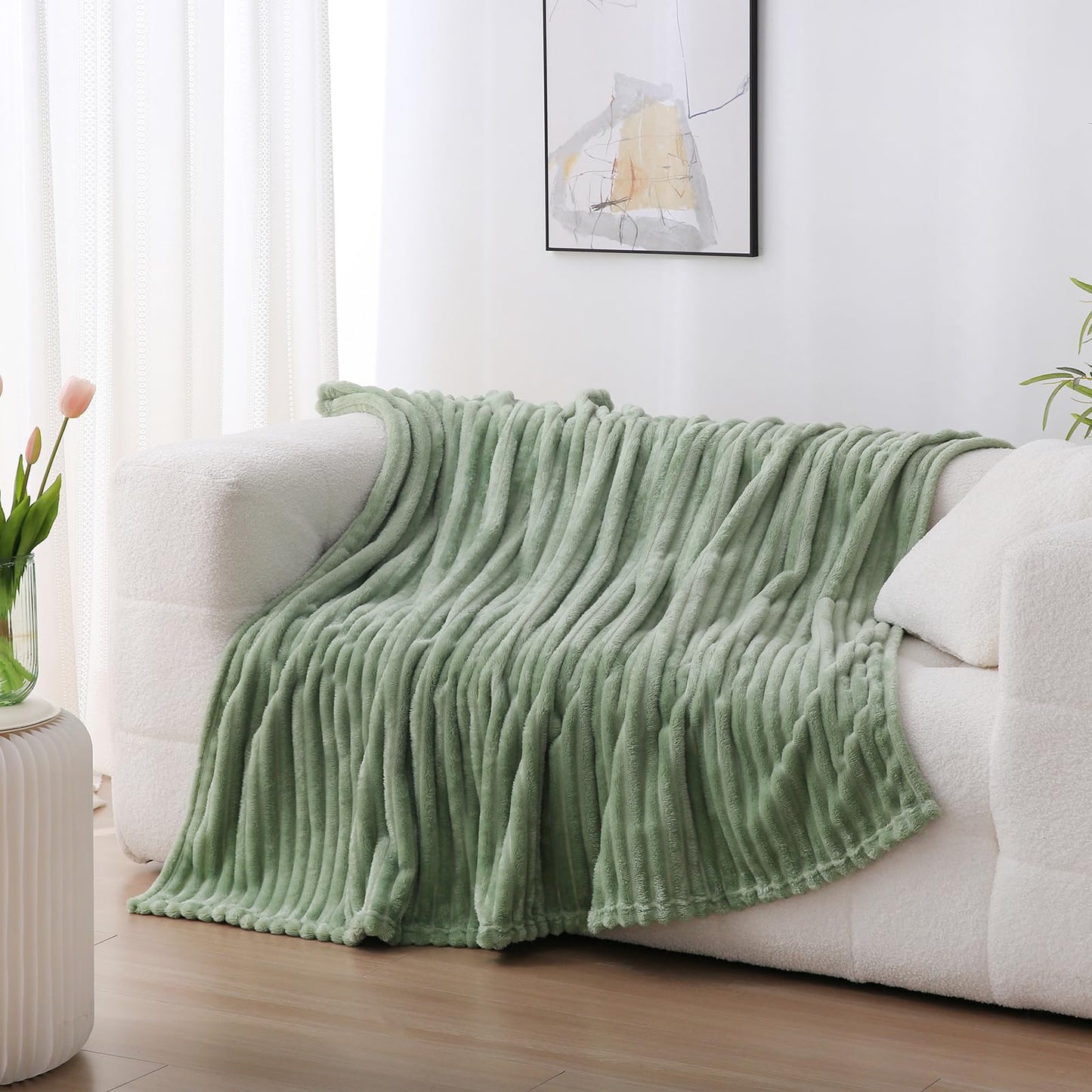 Linecooo Sage Green Fleece Throw Blanket 50”×60” for Couch Sofa Bed,Super Soft Cozy Plush Microfiber Flannel Blanket with Stripes Design Lightweight for Adults,Woman,Girls