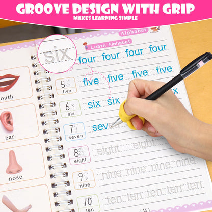 6 Pack Magic Grooved Writing Practice Books for Kids,Reusable Handwriting Practice with Pen,Pencil Grisp,Cute Seal and Learning Schedule ,Pecfect Tracing Copybook for Kindergarten Preschool Age 3-8
