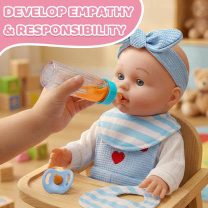 Uzoxlsn 12’’ Baby Doll with Cotton Carrier Bassinet, 15 Pcs Baby Doll Accessories Bedding, Feeding and Caring Set Magic Bottle Pacifier Diaper Blanket Pretend Play Game Gift for Girls Age 3+ Toddler