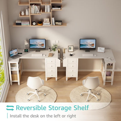 Lufeiya White L Shaped Computer Desk with Drawers & Storage Shelves, 47 Inch Corner Reversible Desk with Power Outlet for Home Office Bedroom, L-Shaped Teen PC Desks with Fabric Drawer, White