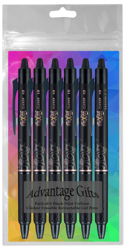 Advantage Gifts FriXion Clicker Retractable Erasable Gel Pen, Black, Bold Point, 6-pk; Bundle with Plastic Reusable Pouch