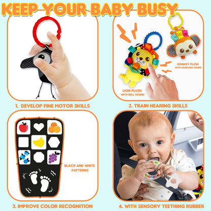 Innofans Baby Car Seat Animals Toys - Kick and Play Double Sided Infant Car Seat Toys with Plush Toys, Mirror, Teether for Baby, Babys Travel Activities, Christmas Birthday Gifts Newborn Infant Toys
