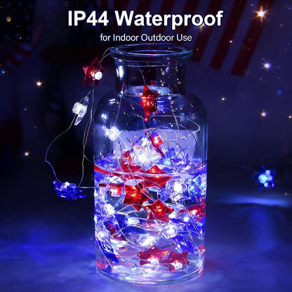 100 LED 4th of July Decorations American Star Fairy Lights Battery Operated, 2 Sets Mini Red White and Blue Star Twinkling Lights Remote & Timer with 8 Modes for Home Memorial Day Patriotic Decor