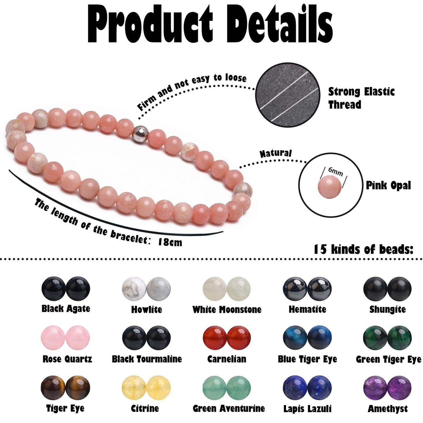 BONNY BOXX 6mm Natural Stretch Pink Opal Bracelet for Unisex, Handmade Elastic Healing Crystal Gemstone Bracelet Yoga Stress Relief Gift for Men Women